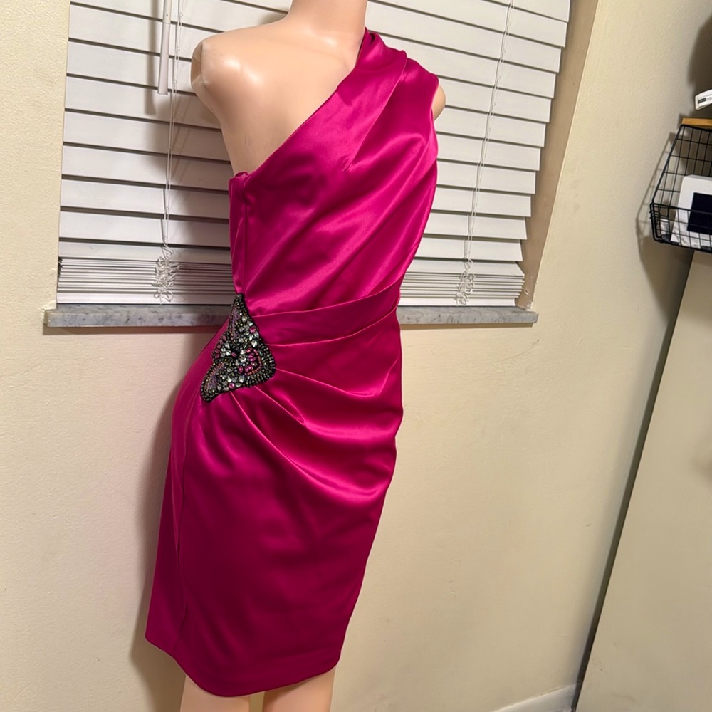 Eliza J NWT Beaded Hot Pink One Shoulder Satin Cocktail Dress size 8 sequined - Picture 2 of 9